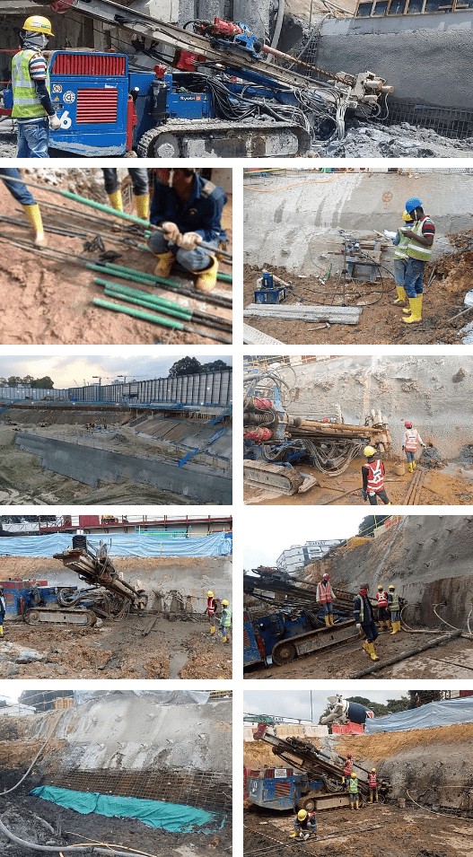 Collage of workers performing soil nailing work for a project