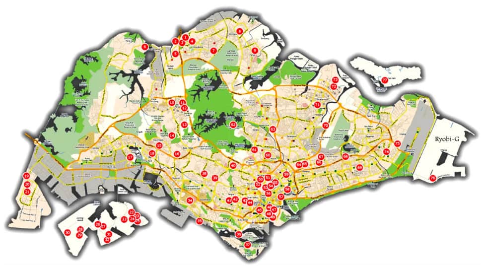 Pinned location of surveying work done throughout Singapore